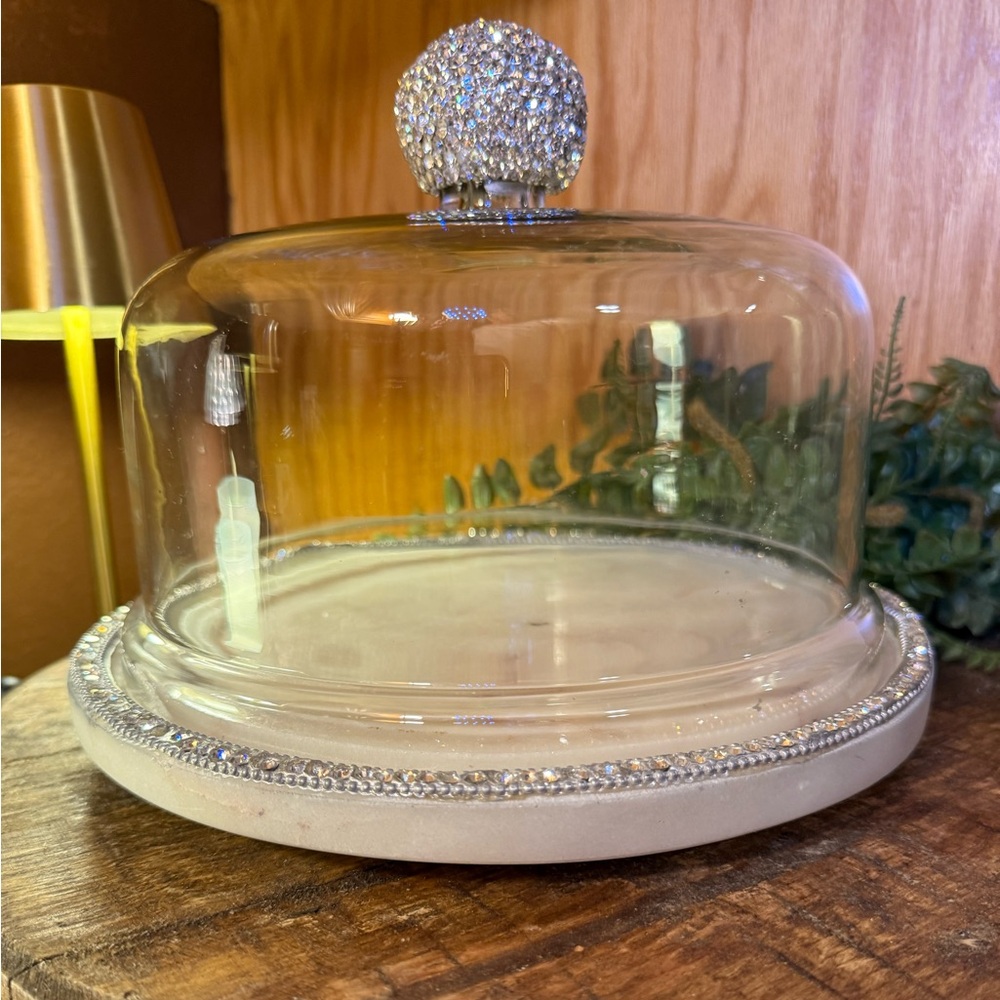 Glass Dome with Rhinestone and Granite Base Cake Stand